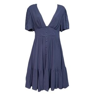 Francescas Womens Babydoll Dress Size XS Navy Embroidered Prairie Dark Cottage